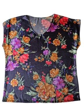 Floral V-Neck Stretchy Short Sleeve Blouse - Black with Multicolor Blooms